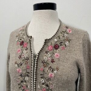 Vtg Silk Angora Blend Womens Large Floral Embroidered Zip Cardigan Taupe Cottage